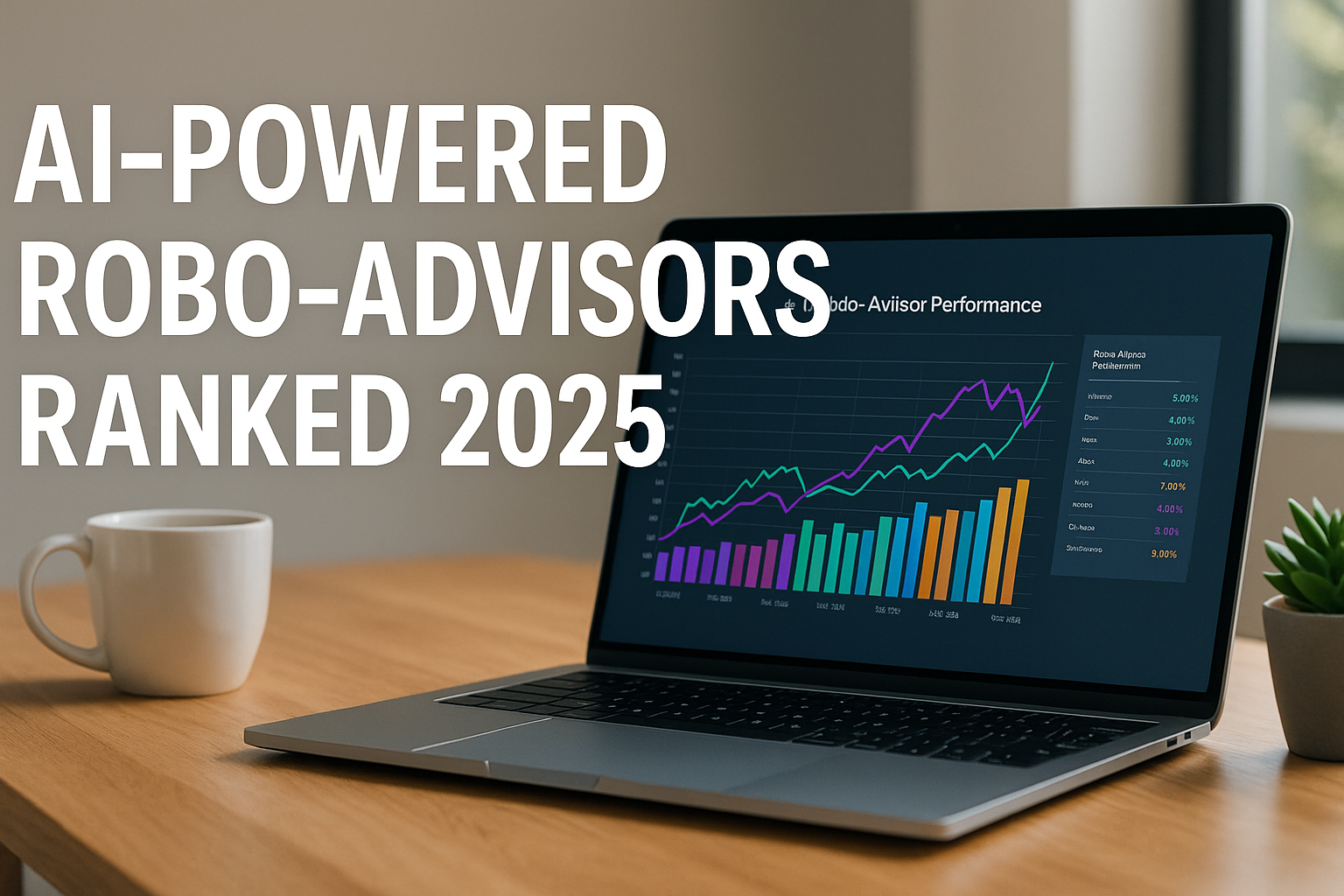 Laptop displaying colorful performance chart of robo-advisor portfolios with overlaid title “AI-Powered Robo-Advisors Ranked 2025”.