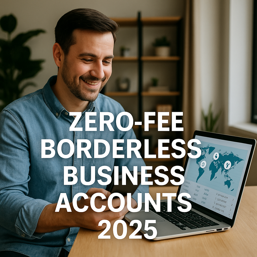 Entrepreneur looking at smartphone beside laptop showing multi-currency dashboard, overlaid text “ZERO-FEE BORDERLESS BUSINESS ACCOUNTS 2025”.