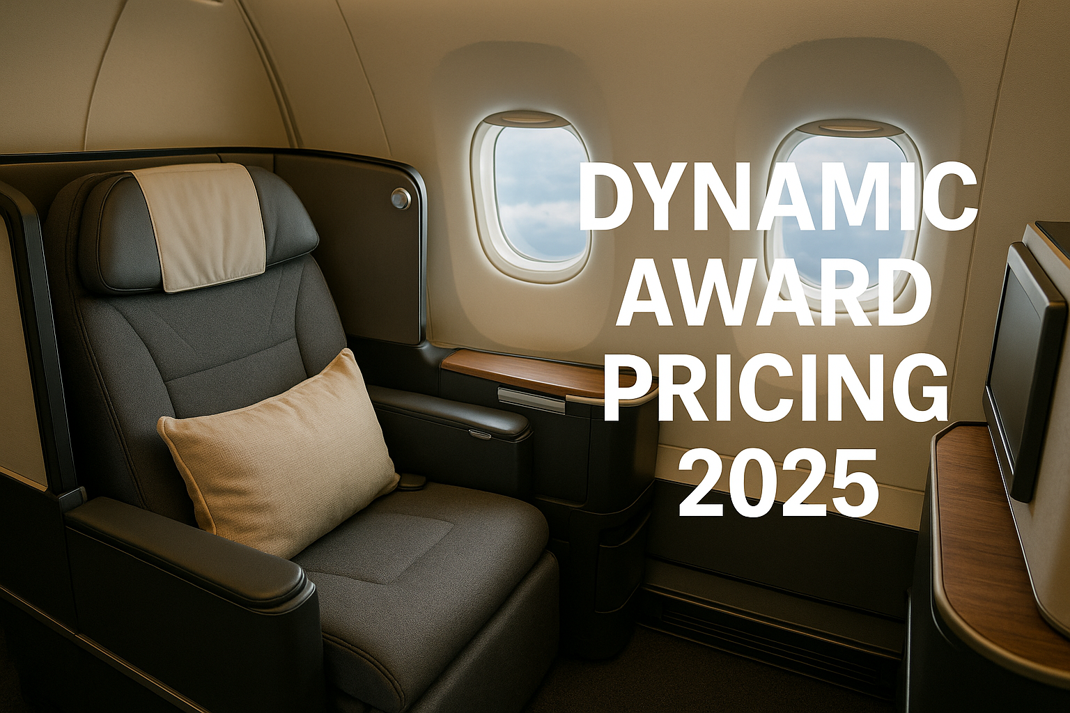 Spacious business-class suite beside aircraft window with large white overlay text “DYNAMIC AWARD PRICING 2025”.