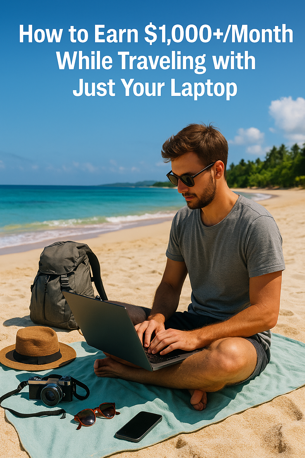 “Digital nomad working on a laptop at a sunny beach with travel gear nearby