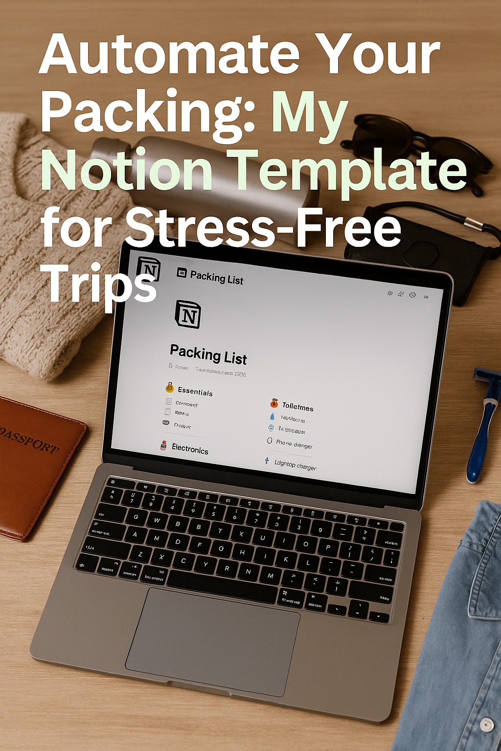 “A Notion page displaying an automated packing checklist with sections for Essentials, Clothing, Electronics, and Documents, over a travel background