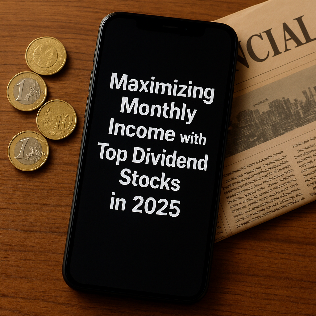 A modern smartphone on a wooden desk displaying the text “Maximizing Monthly Income with Top Dividend Stocks in 2025,” with coins and a financial newspaper in the background.