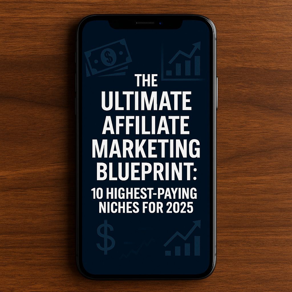 A realistic photo of a smartphone on a wooden desk displaying “The Ultimate Affiliate Marketing Blueprint: 10 Highest-Paying Niches for 2025,” with overlay icons of cash, analytics graphs, and upward arrows in the background.