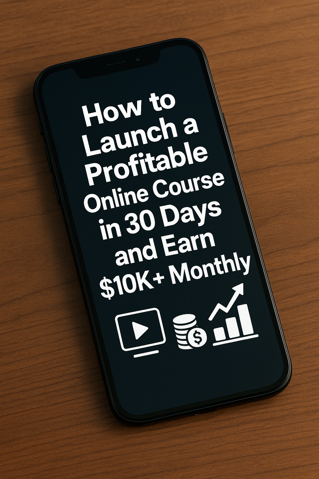 A modern smartphone on a wooden desk displaying “How to Launch a Profitable Online Course in 30 Days and Earn $10K+ Monthly,” with icons of a play button, stacked coins, and an upward-trending graph in the background.