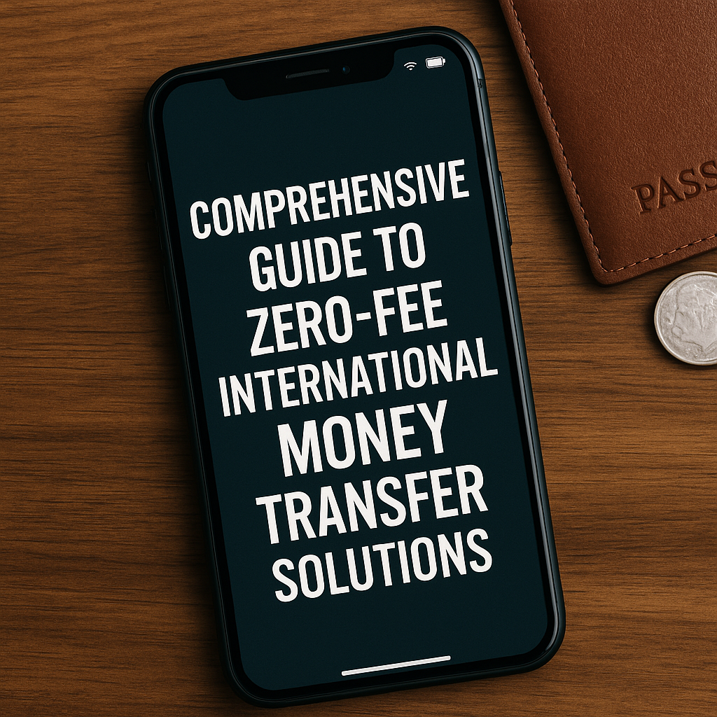 Smartphone screen showing “Comprehensive Guide to Zero-Fee International Money Transfer Solutions” with currency symbols and arrows on a wooden desk background.