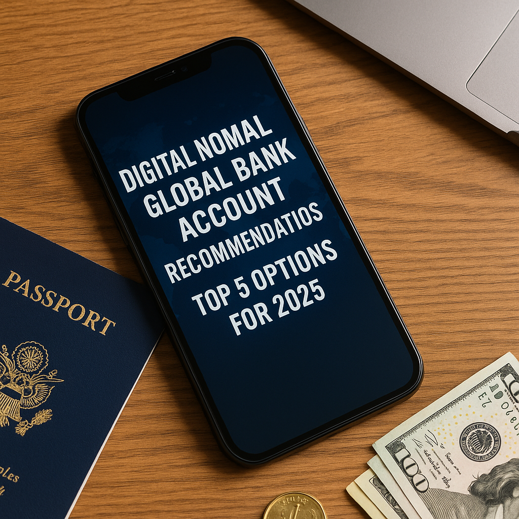A smartphone displaying “Digital Nomad Global Bank Account Recommendations: Top 5 Options for 2025” on a wooden desk, next to a passport and cash.