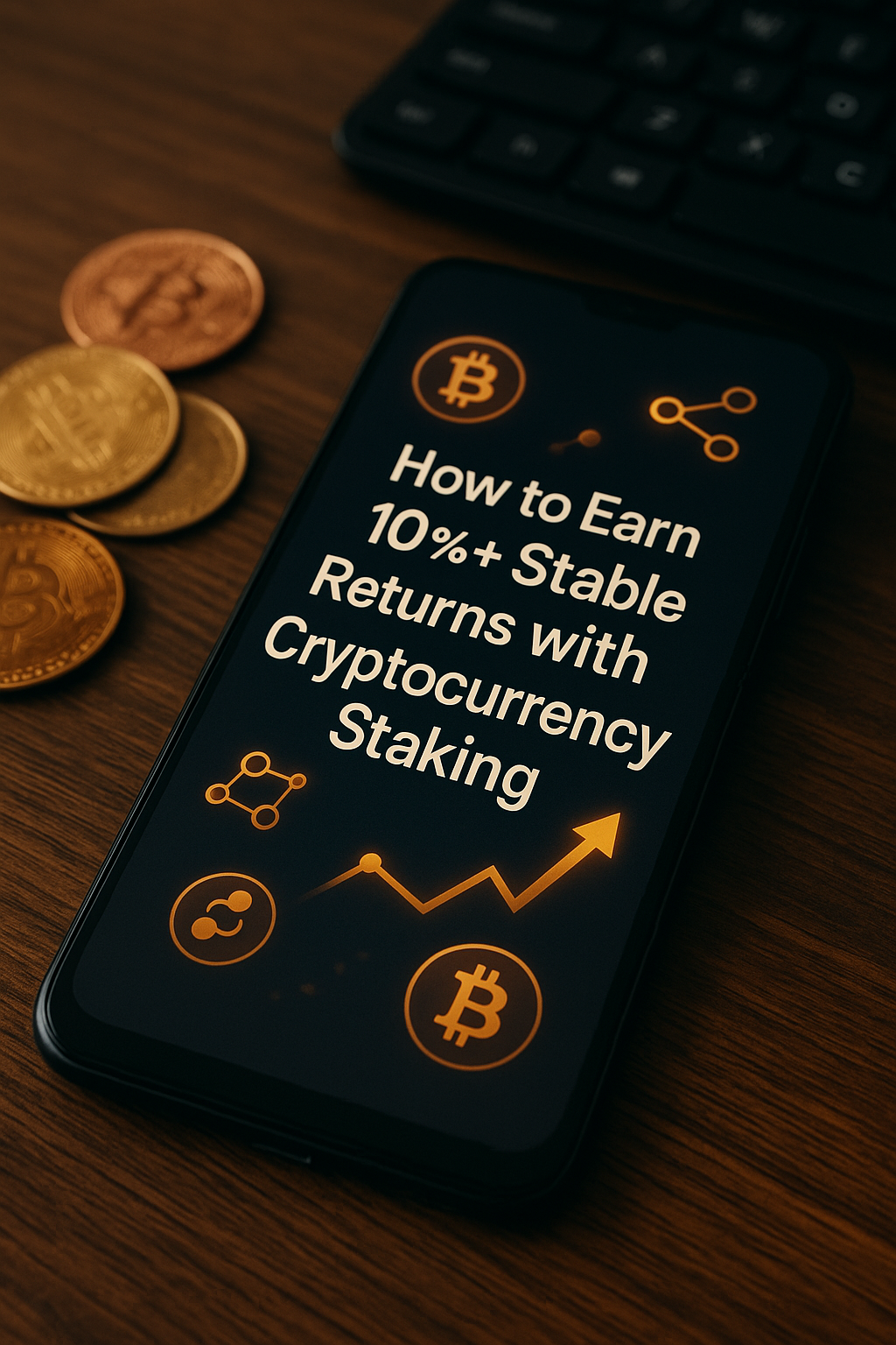 A smartphone displaying “How to Earn 10%+ Stable Returns with Cryptocurrency Staking” with crypto icons and coins on a wooden desk.