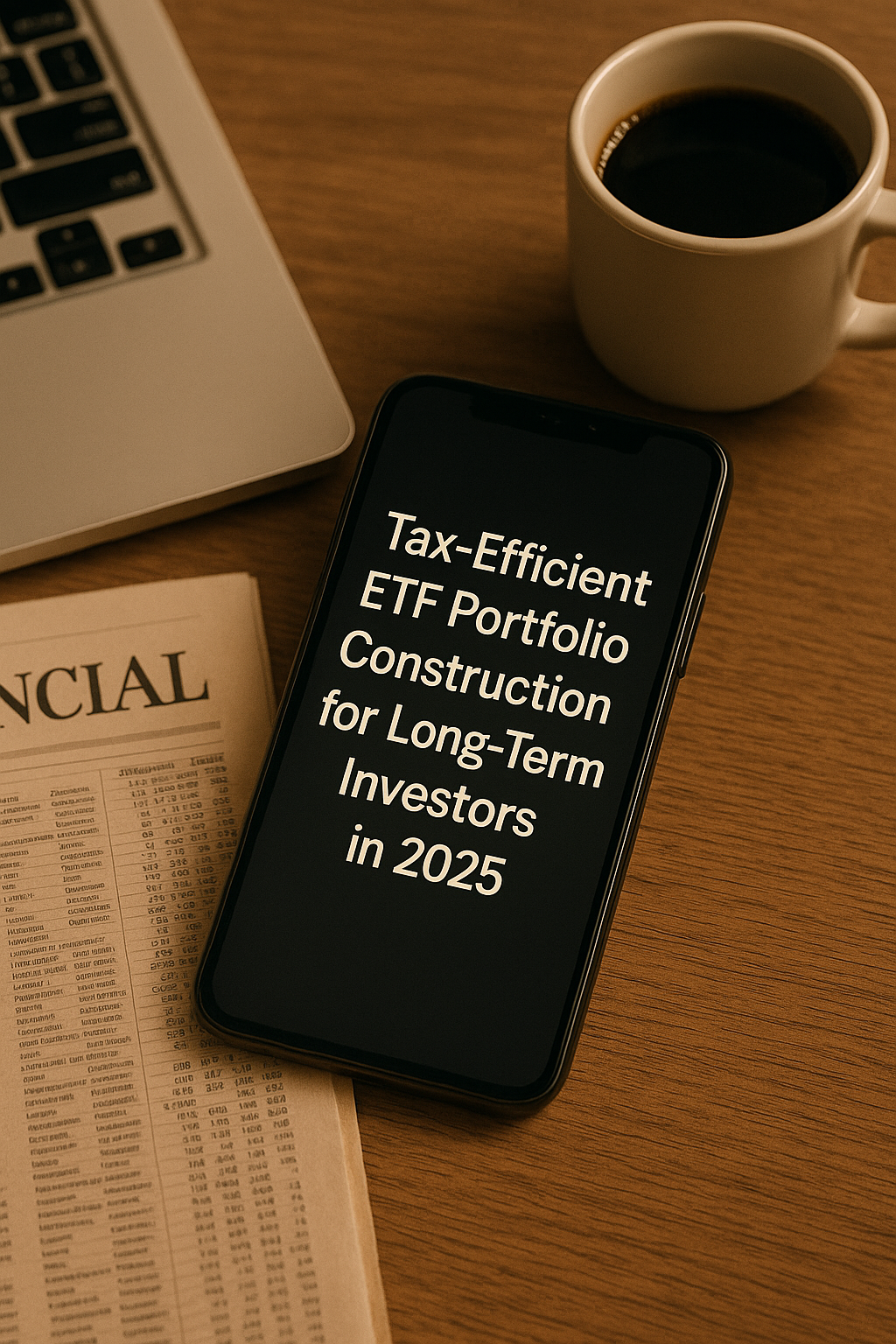 A smartphone on a wooden desk displaying “Tax-Efficient ETF Portfolio Construction for Long-Term Investors in 2025,” with a financial newspaper, coffee mug, and laptop in the background