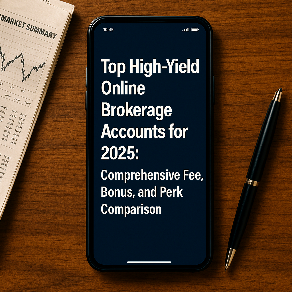 A modern smartphone on a wooden desk displaying “Top High-Yield Online Brokerage Accounts for 2025,” with a financial newspaper and a pen in the background.