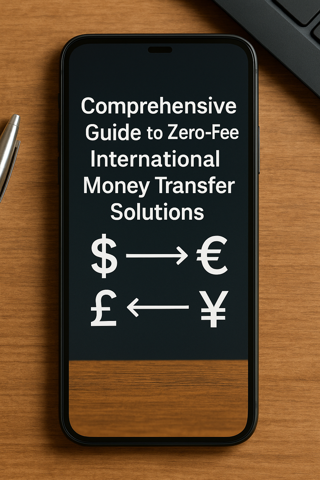 A high-resolution photograph of a modern smartphone on a wooden desk displaying “Comprehensive Guide to Zero-Fee International Money Transfer Solutions,” with blurred currency symbols and directional arrows in the background.