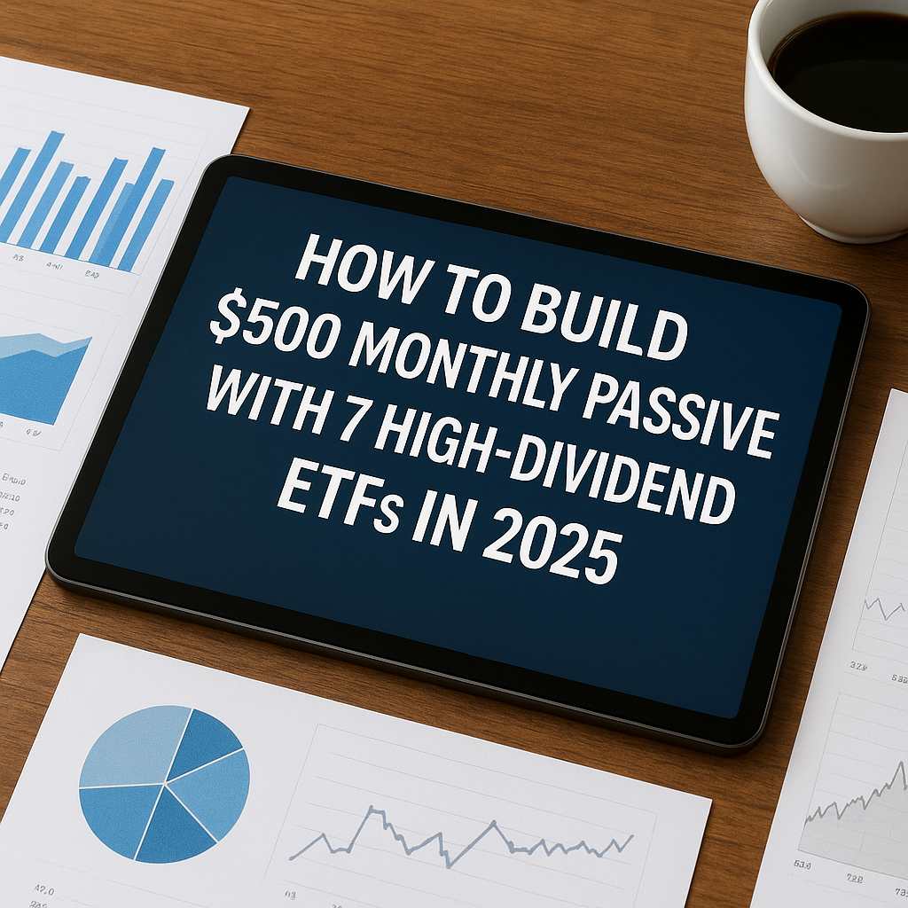 A modern tablet on a wooden desk displaying “How to Build $500 Monthly Passive Income with 7 High-Dividend ETFs in 2025,” with financial charts and coffee.
