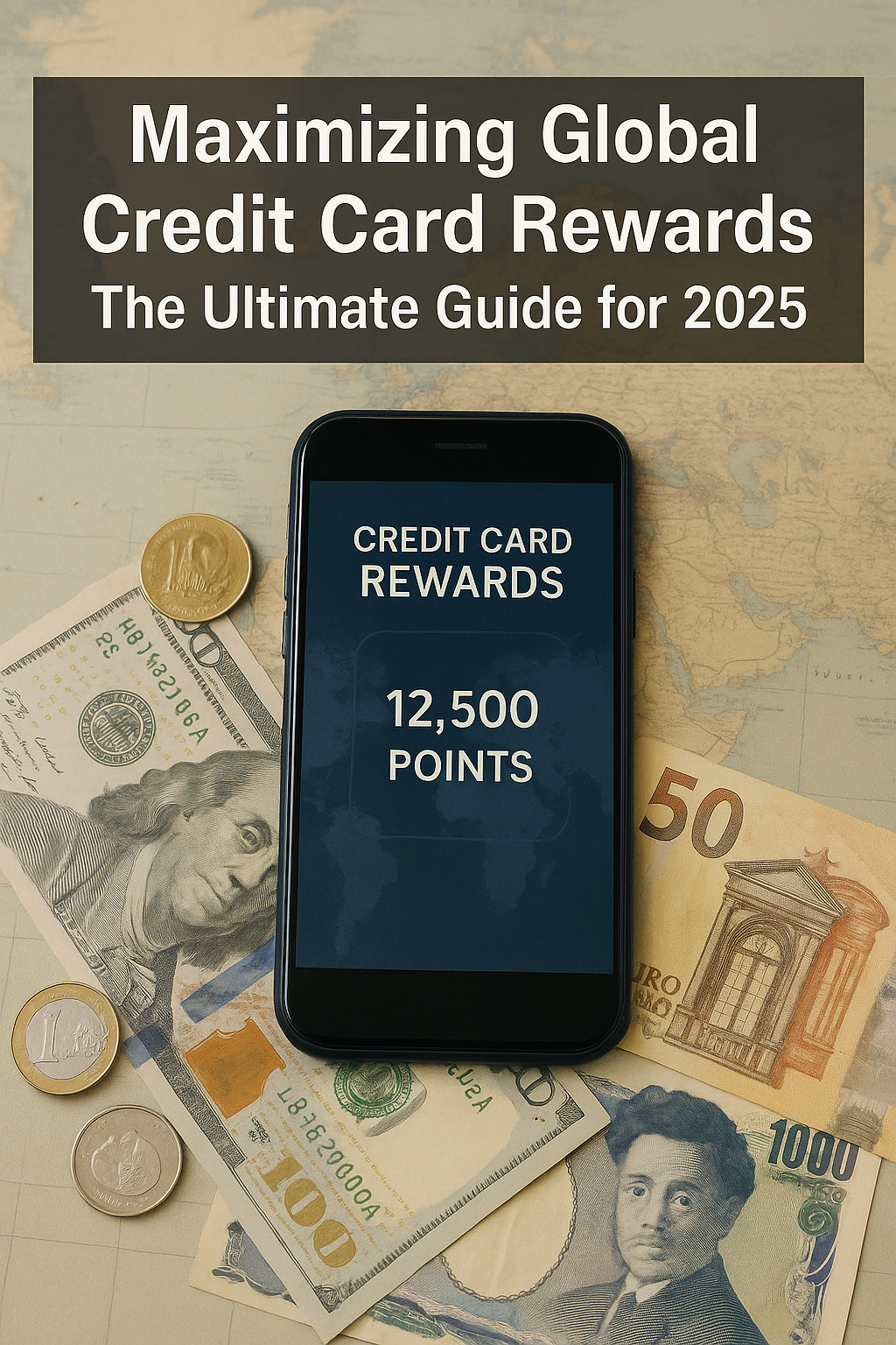 A high-resolution photo featuring a smartphone displaying credit card reward points surrounded by various international currencies (dollars, euros, yen) on a subtle world map background, with the guide’s title overlaid.