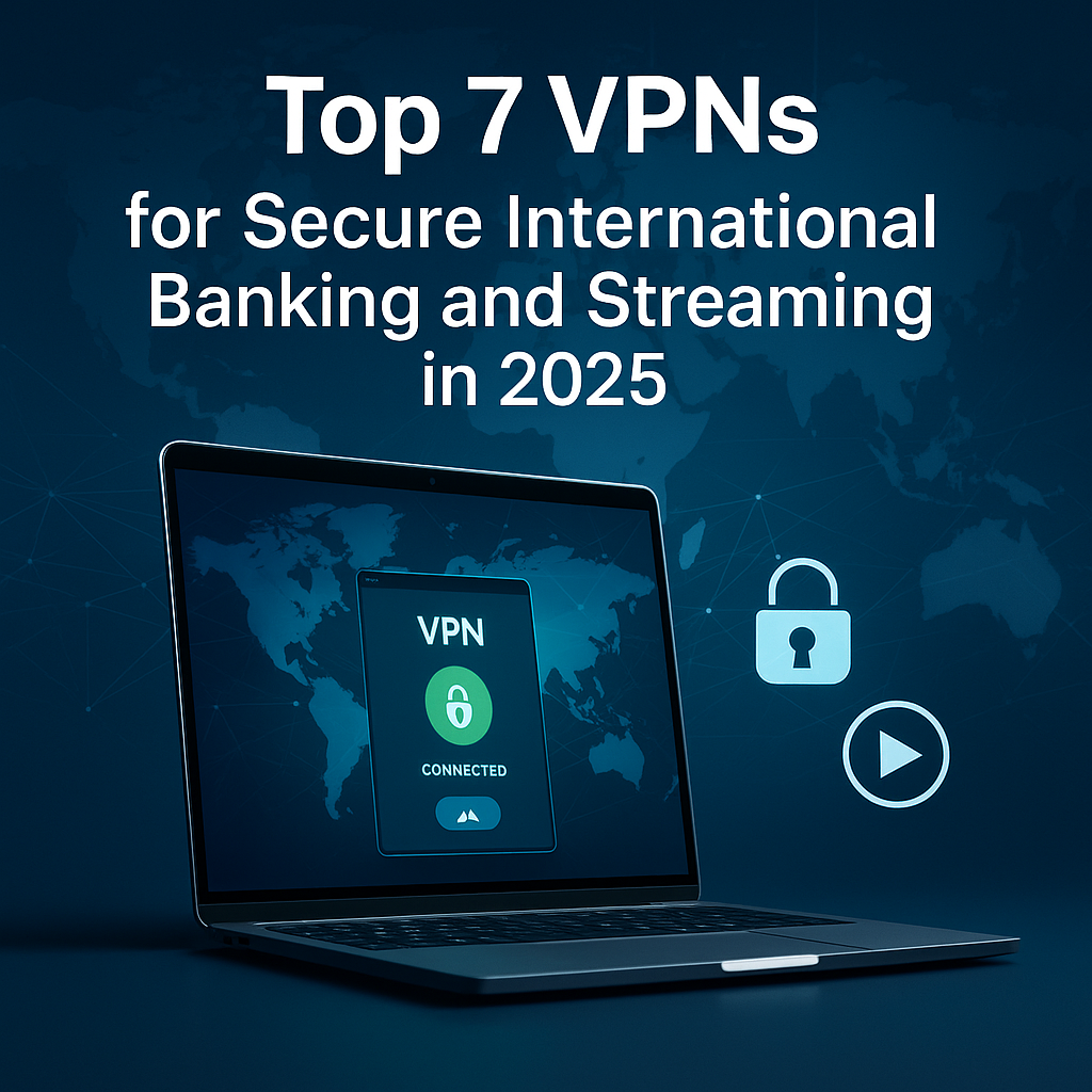 A sleek graphic of a laptop displaying a connected VPN interface against a dark blue world map background with network lines, overlaid with the bold white title “Top 7 VPNs for Secure International Banking and Streaming in 2025,” accompanied by lock and play icons.