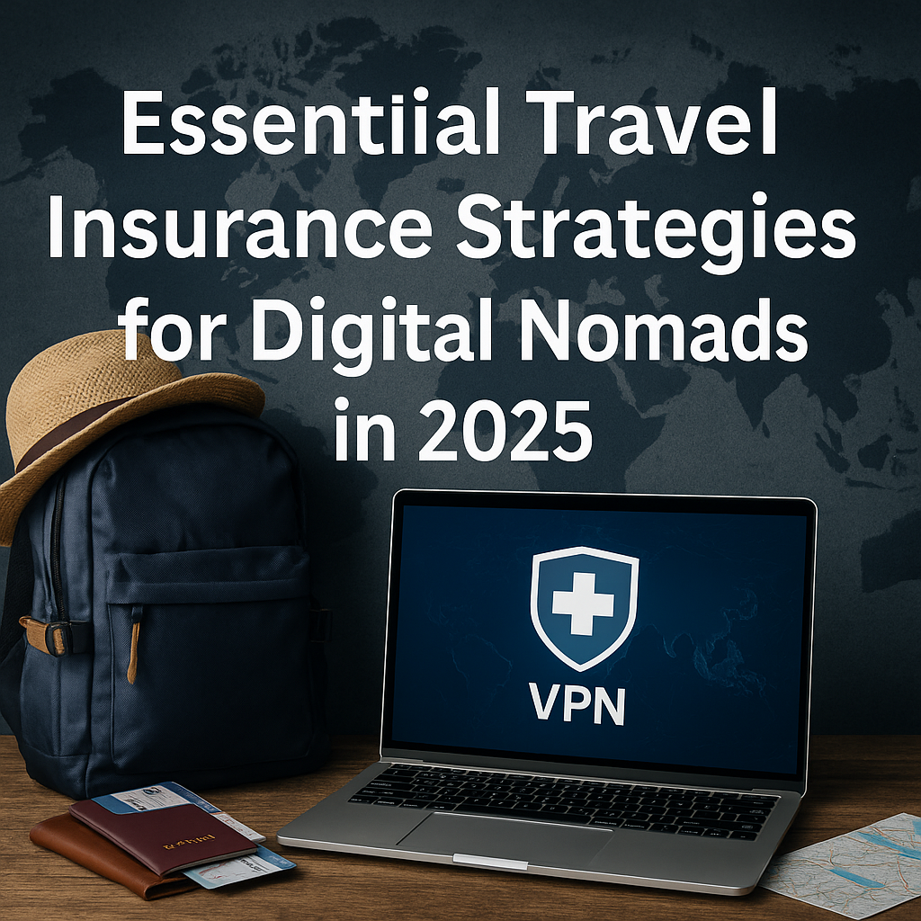A professional digital photograph showing a navy backpack, straw hat, and passport on a wooden desk next to a laptop displaying a medical cross shield icon (labeled VPN), set against a dark world map backdrop, with the title “Essential Travel Insurance Strategies for Digital Nomads in 2025” prominently overlaid.