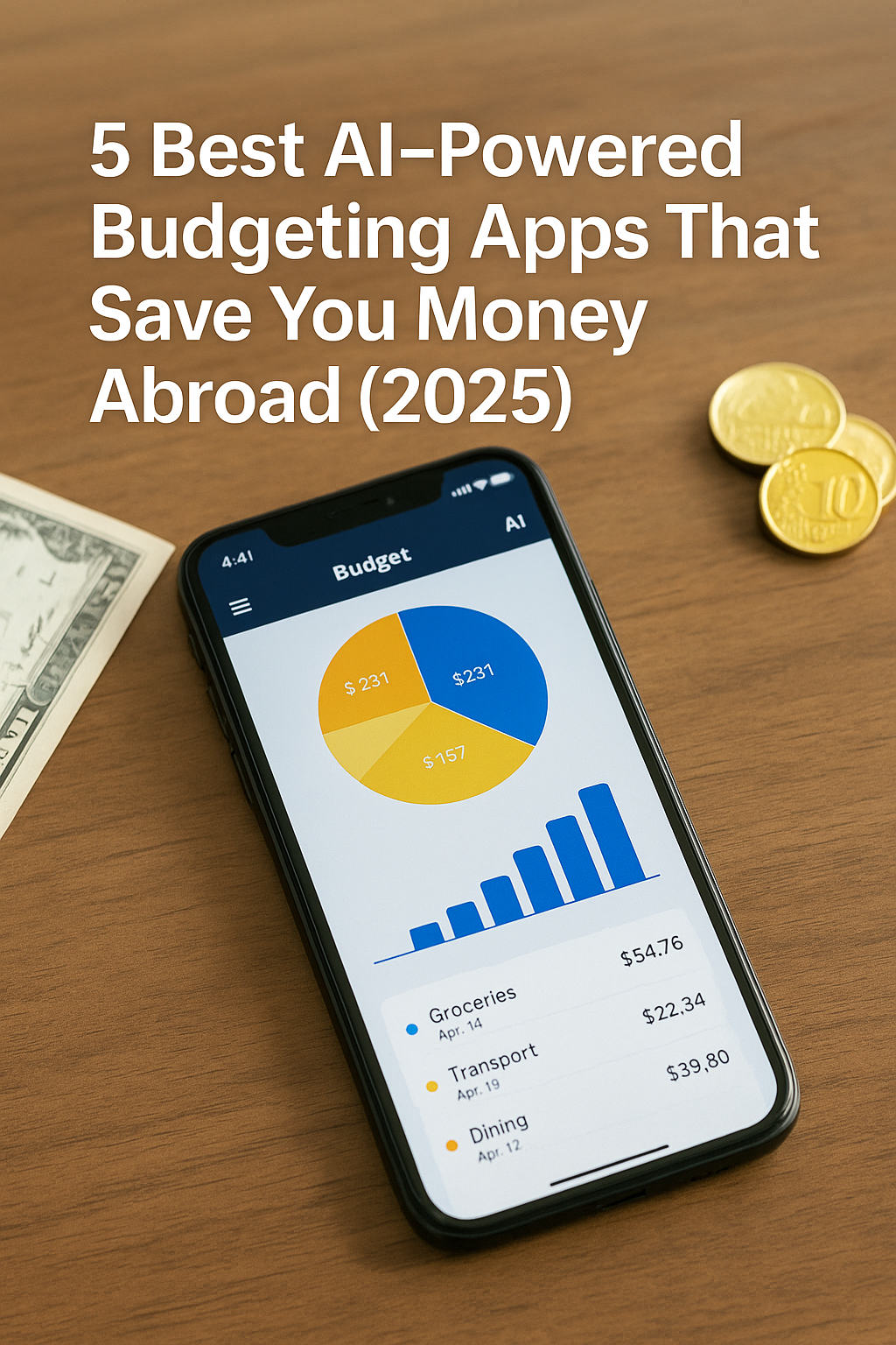 High-resolution photograph of a smartphone lying on a wooden table, displaying an AI-powered budgeting app with a pie chart, bar graph, and transaction list. The image is overlaid with the white bold title text at the top.