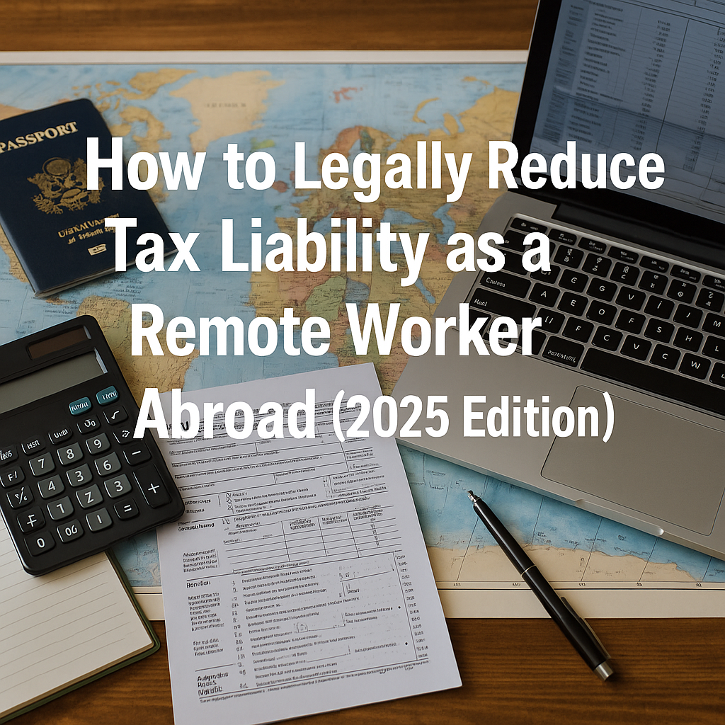 A high-resolution photograph of a wooden desk holding a world map, passport, calculator, tax forms, and an open laptop, with the title “How to Legally Reduce Tax Liability as a Remote Worker Abroad (2025 Edition)” overlaid in bold white text at the center.