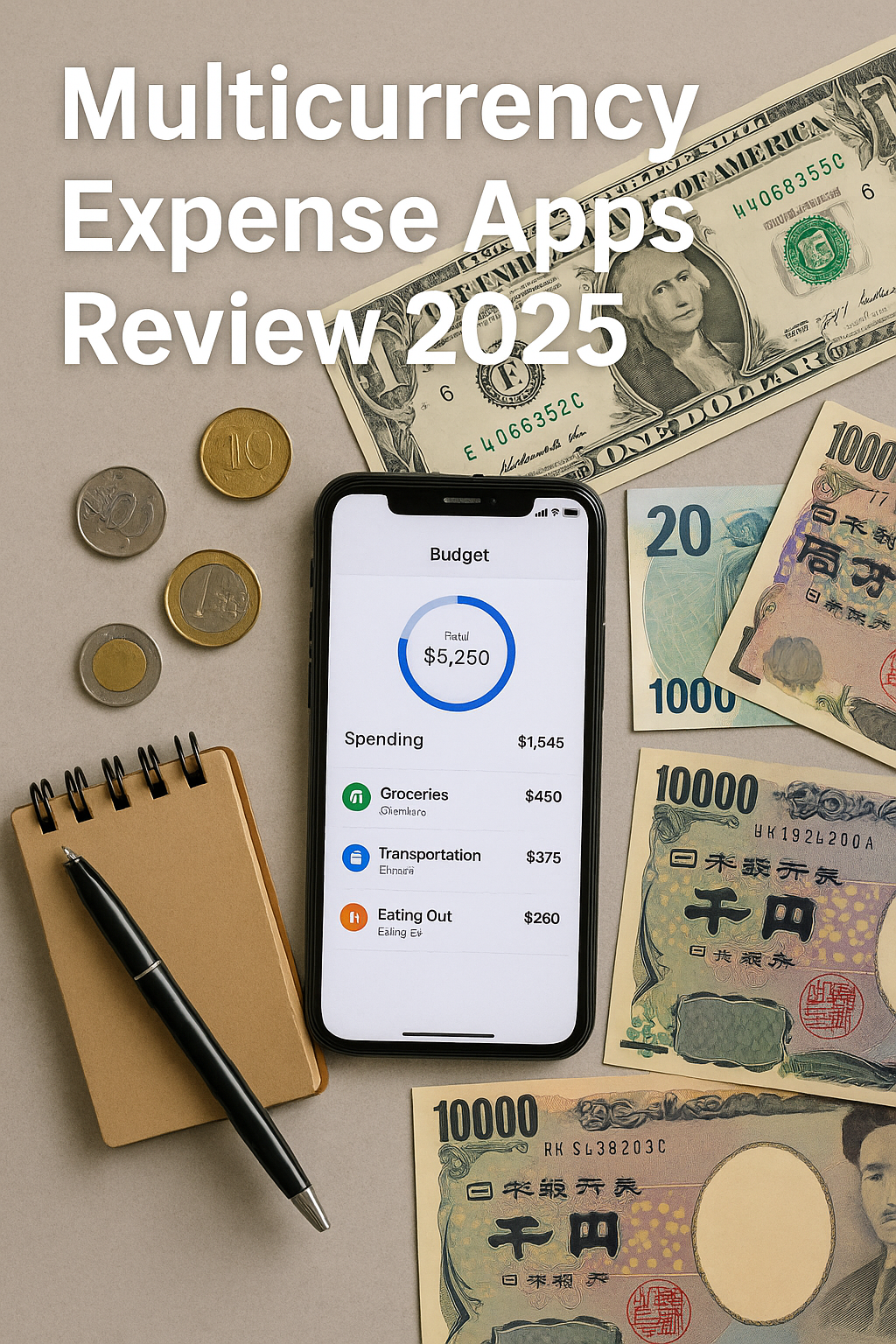 Flat-lay of smartphone showing budget app, surrounded by multiple world currencies and a notebook; overlay headline “Multicurrency Expense Apps Review 2025.”