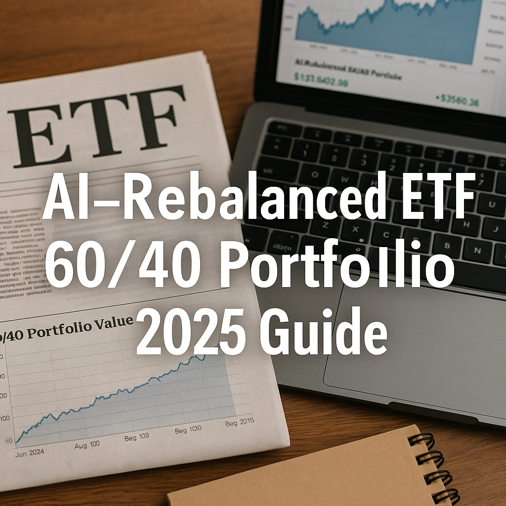 Newspaper headlined “ETF” beside laptop chart and notebook; white overlay text “AI-Rebalanced ETF 60/40 Portfolio 2025 Guide.”