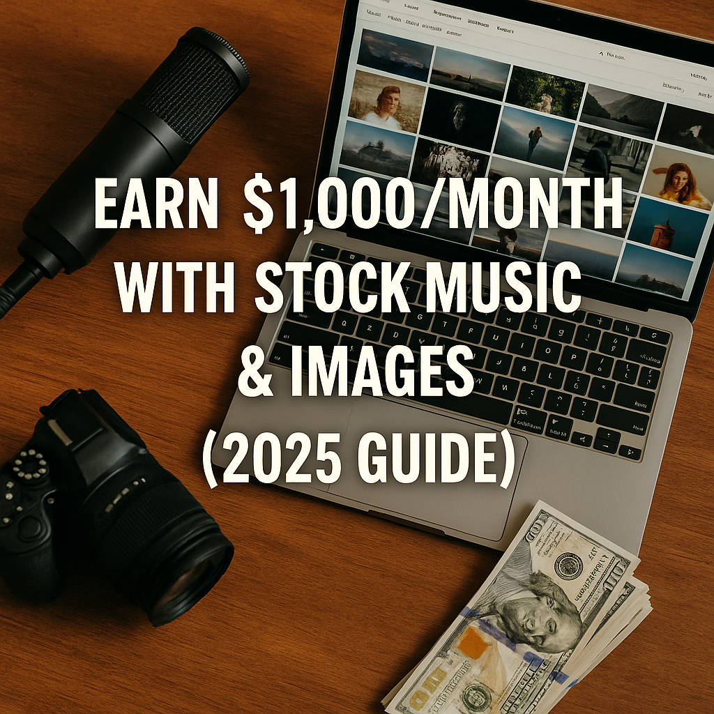 Flat-lay of microphone, DSLR, laptop with stock photo grid, and stack of $100 bills; overlay text “Earn $1,000/Month with Stock Music & Images (2025 Guide)”.
