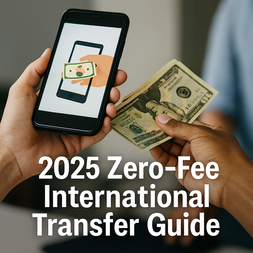 Smartphone displaying a money transfer interface and hands exchanging dollar bills with overlaid text “2025 Zero-Fee International Transfer Guide”
