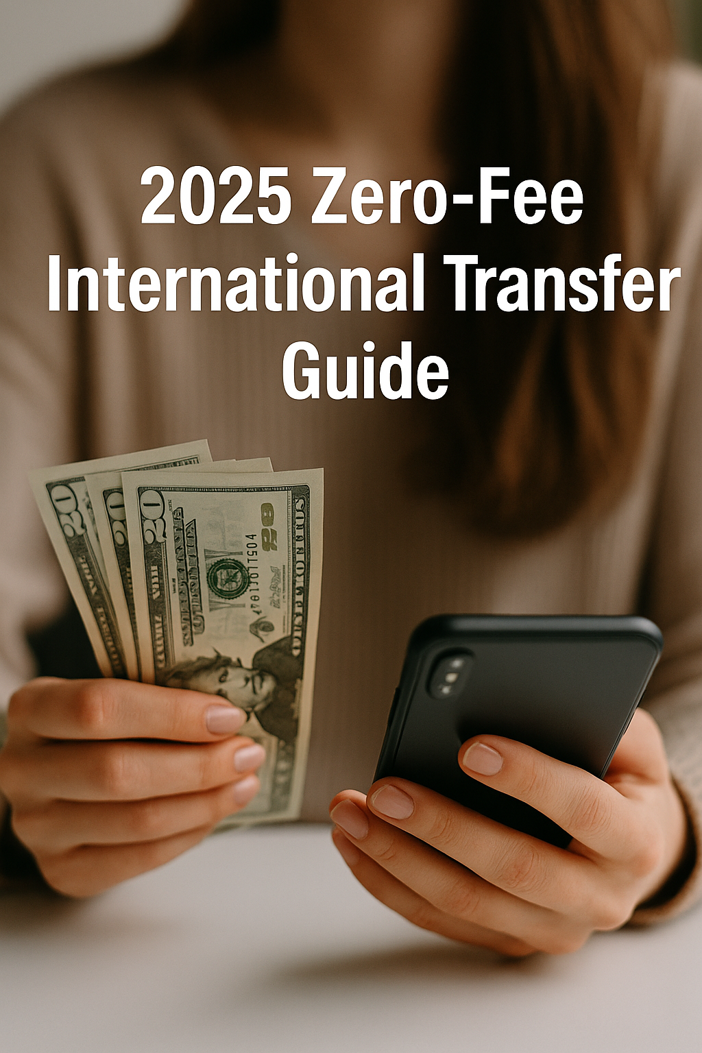 Smartphone displaying a money transfer interface and hands exchanging dollar bills with overlaid text “2025 Zero-Fee International Transfer Guide”