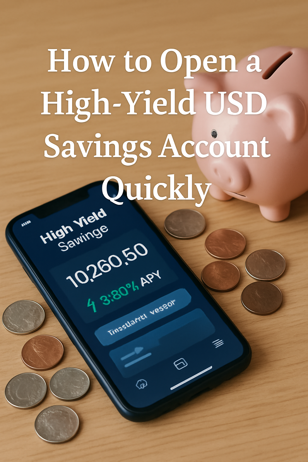 Smartphone displaying a high-yield savings app interface and coins next to a piggy bank with overlaid text “How to Open a High-Yield USD Savings Account Quickly”
