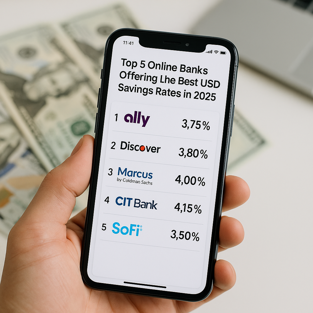 A smartphone displaying a list titled “Top 5 Online Banks Offering the Best USD Savings Rates in 2025,” with each bank logo (Ally, Discover, Marcus by Goldman Sachs, CIT Bank, SoFi) and their APY rates, set against a blurred background of US dollar bills.