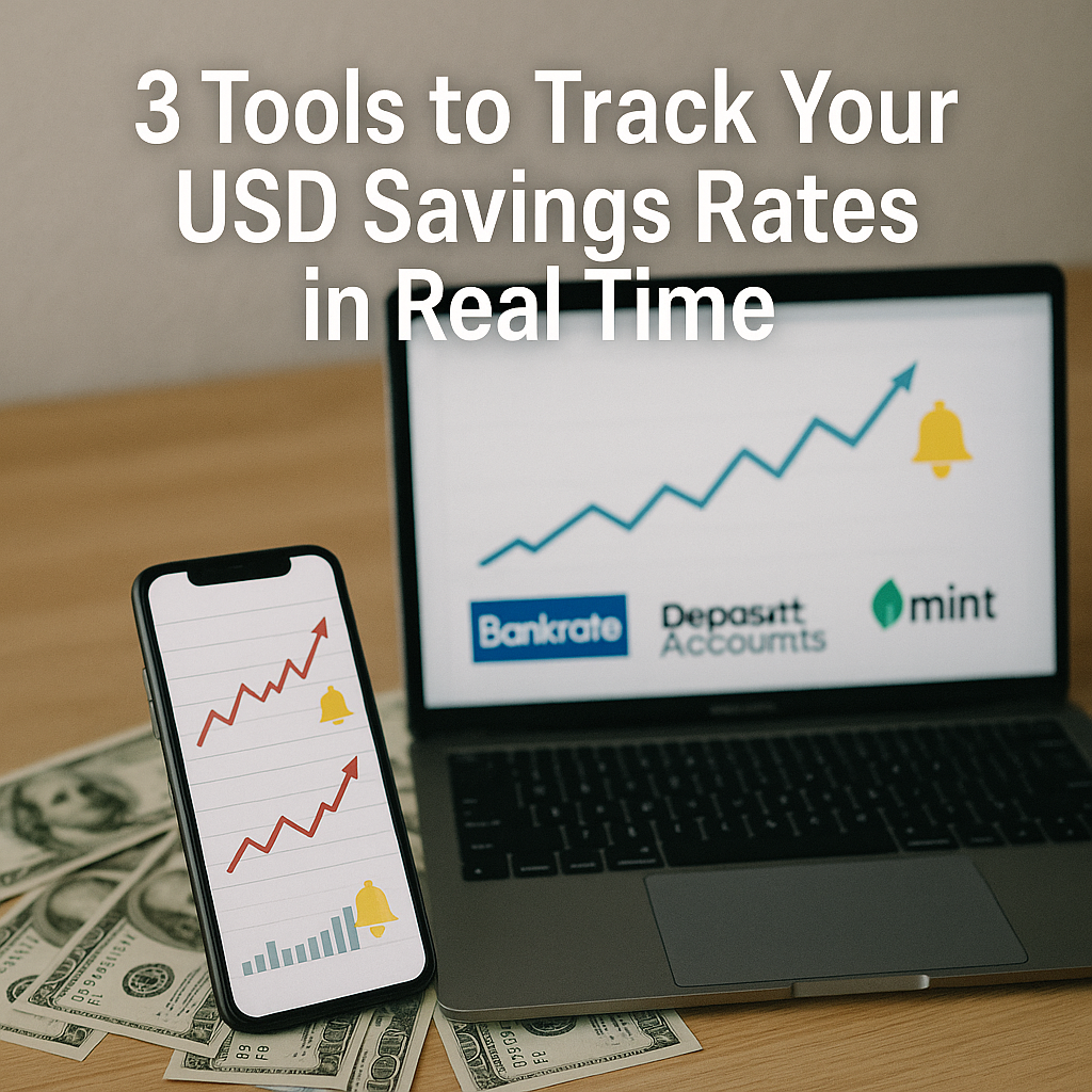 A laptop and smartphone displaying upward-trending graphs with alert bell icons and logos for Bankrate, DepositAccounts, and Mint, set against a blurred background of US dollar bills