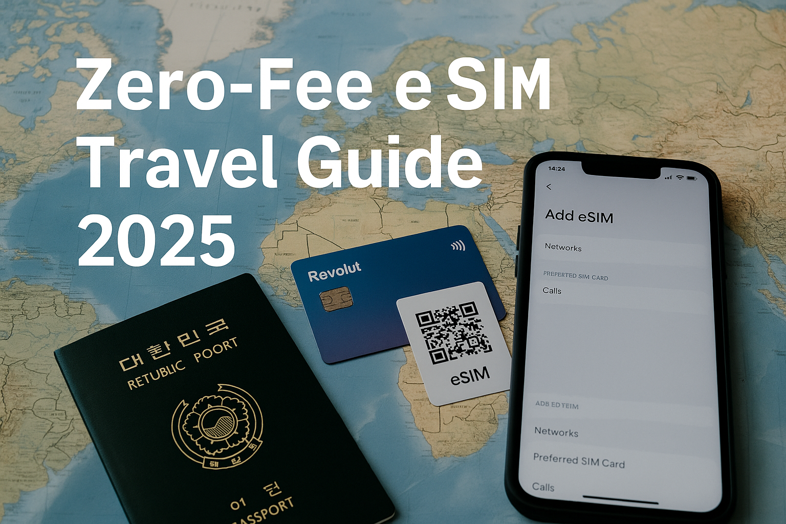 World-map flat lay with Korean passport, Revolut card, eSIM QR card, and smartphone; white overlay title “Zero-Fee eSIM Travel Guide 2025.”