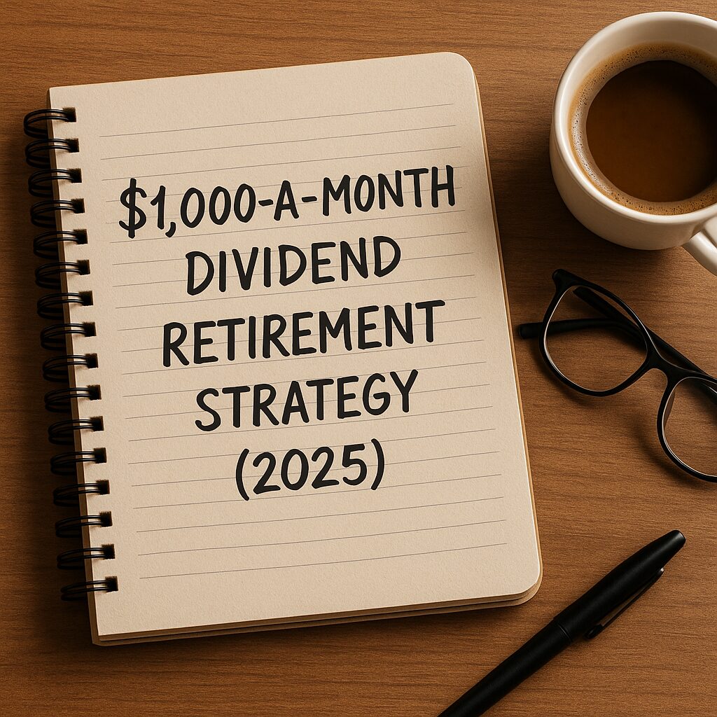 A spiral-bound notebook on a wooden desk showing the handwritten title “$1,000-A-Month Dividend Retirement Strategy (2025),” with a coffee mug, eyeglasses, and a black pen arranged around it.