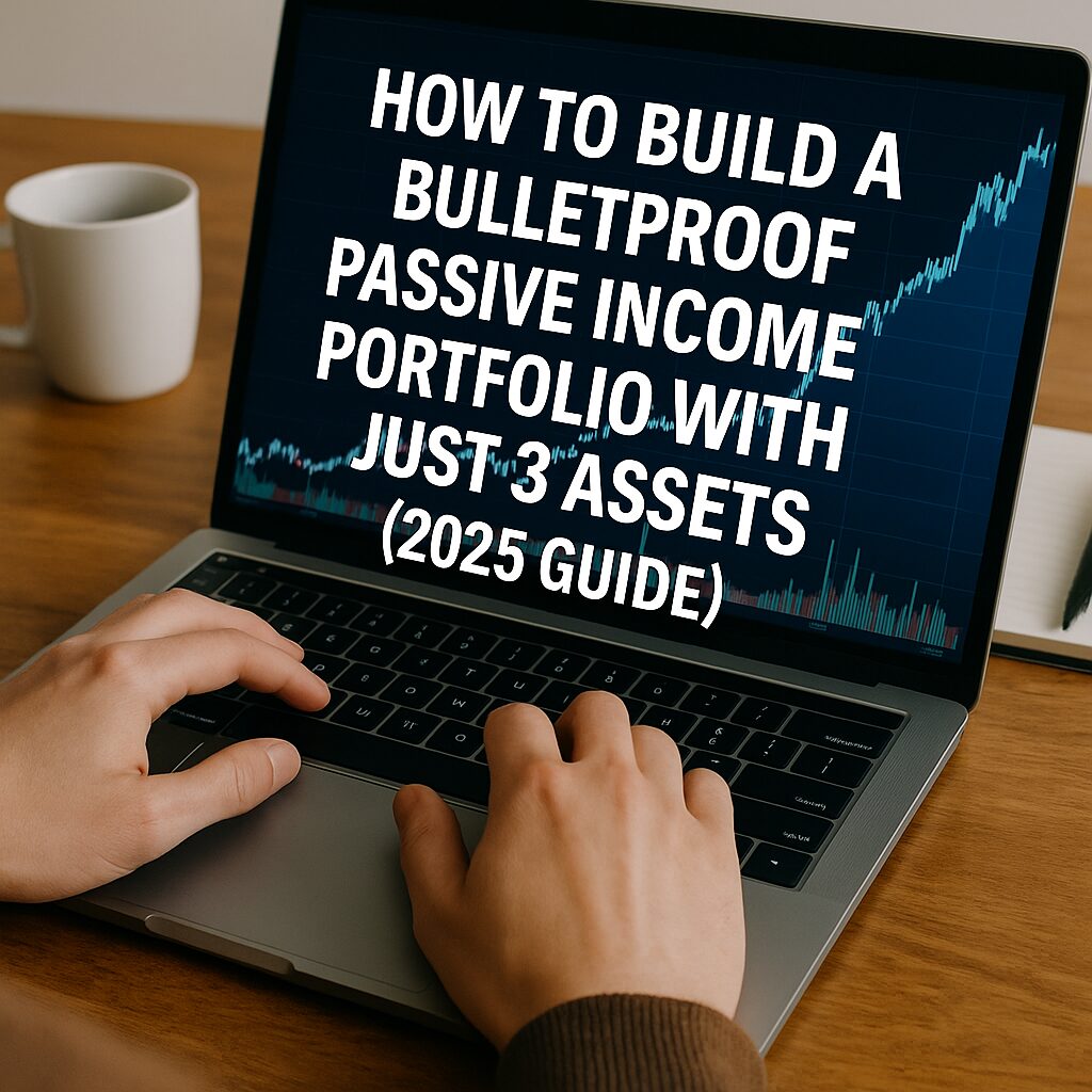 A laptop displaying a rising stock chart with hands on the keyboard, representing a simple yet powerful 3-asset passive income portfolio strategy
