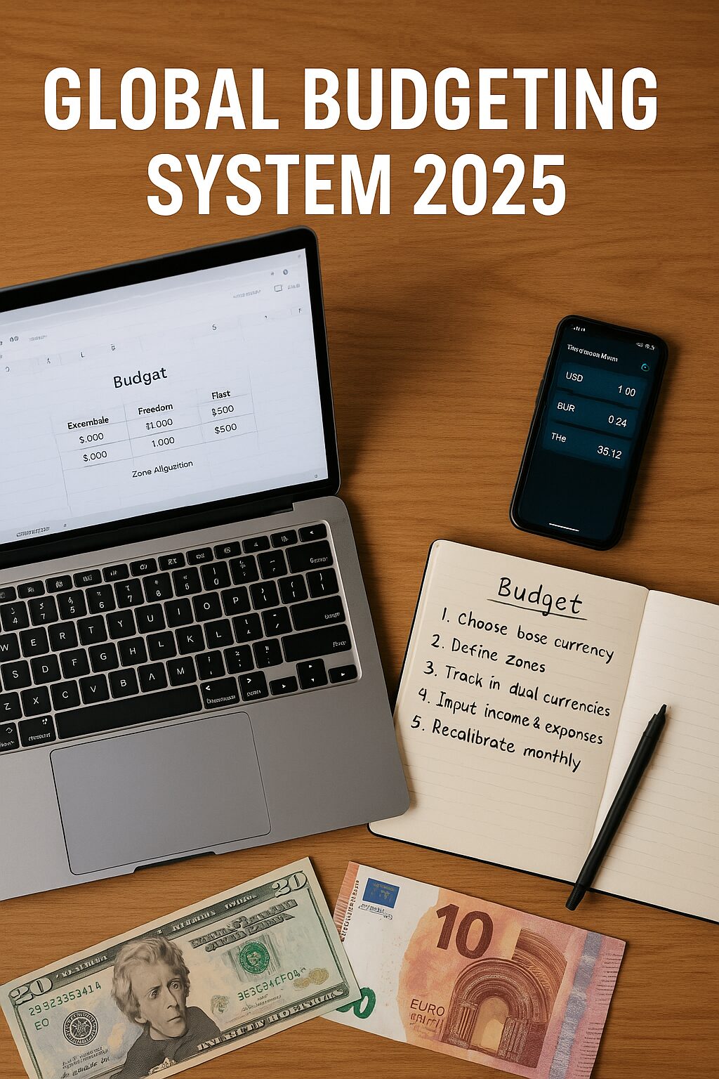 A realistic workspace showing a global budgeting setup with a laptop, smartphone, handwritten notes, and foreign currencies like USD, EUR, and THB.
