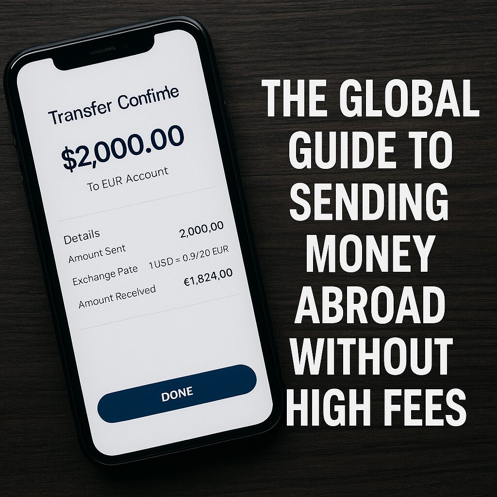 A realistic photo of a phone screen showing an international transfer confirmation with currency exchange details in focus.