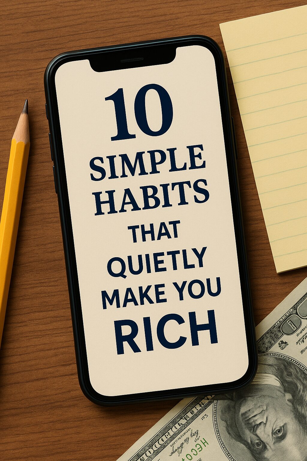 A minimalist digital illustration showing a checklist of daily money habits, with symbols of savings, mindset, and slow-growing wealth.