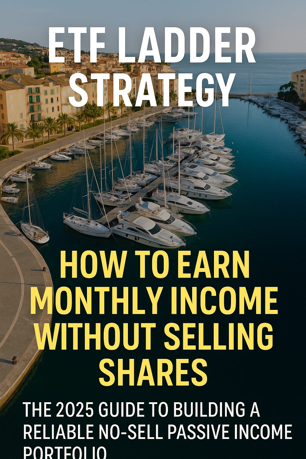 Aerial view of a Mediterranean harbor with palm trees and docked yachts, representing the ETF ladder strategy for generating monthly income.