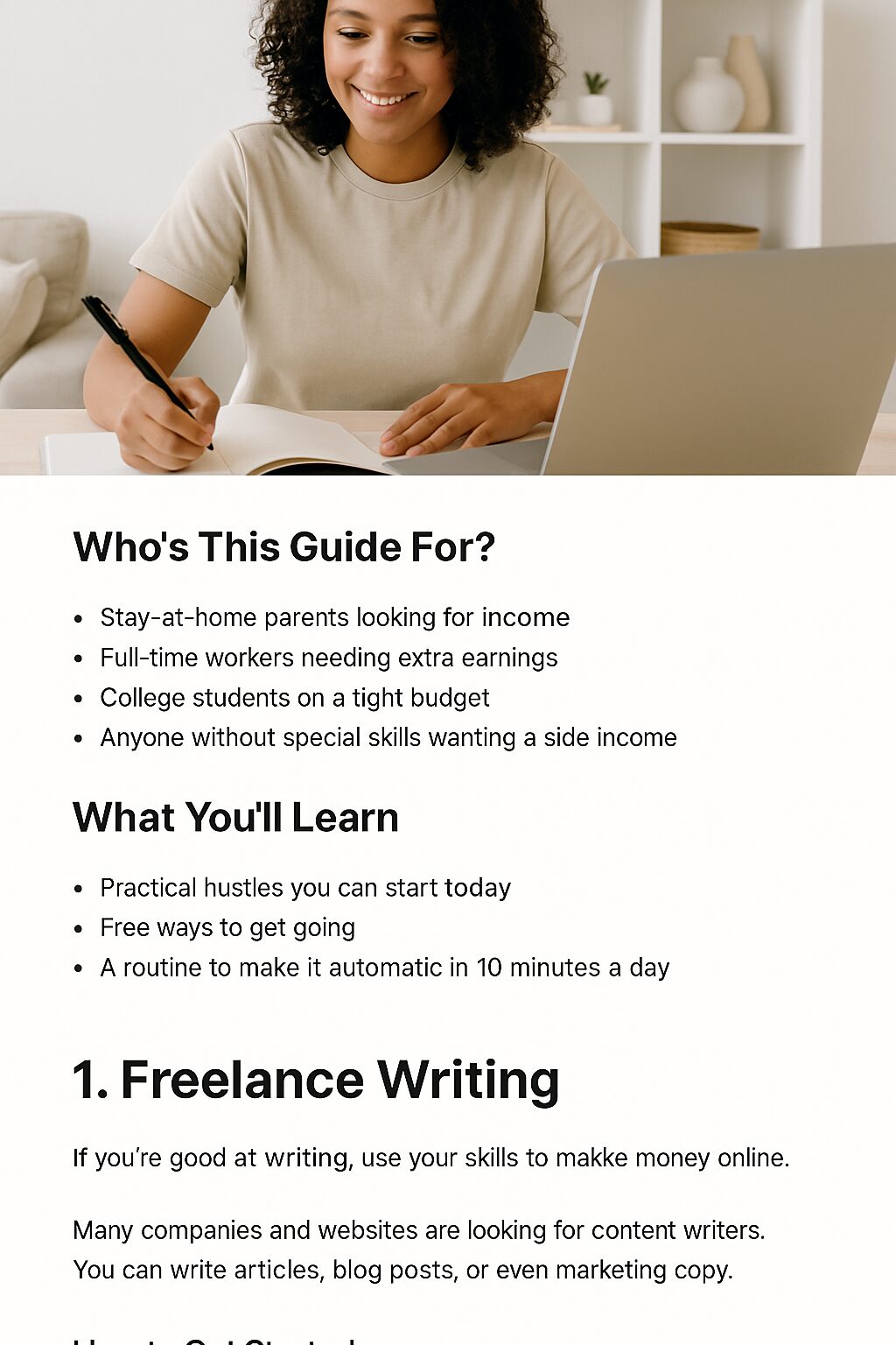 A realistic blog post preview showing practical and beginner-friendly side hustles anyone can start with zero money.