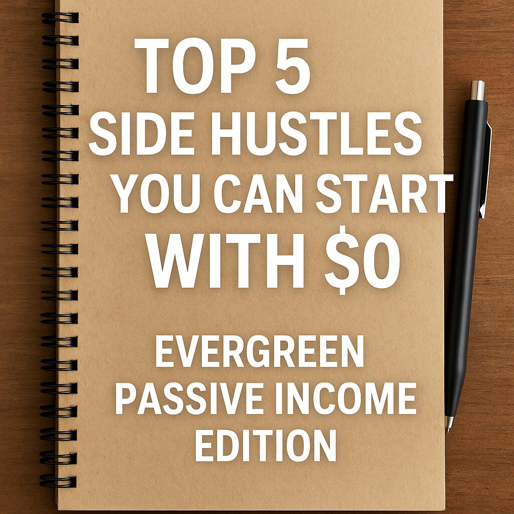 A brown spiral notebook with the title "Top 5 Side Hustles You Can Start with $0" overlaid in white, placed on a wooden table with a pen.