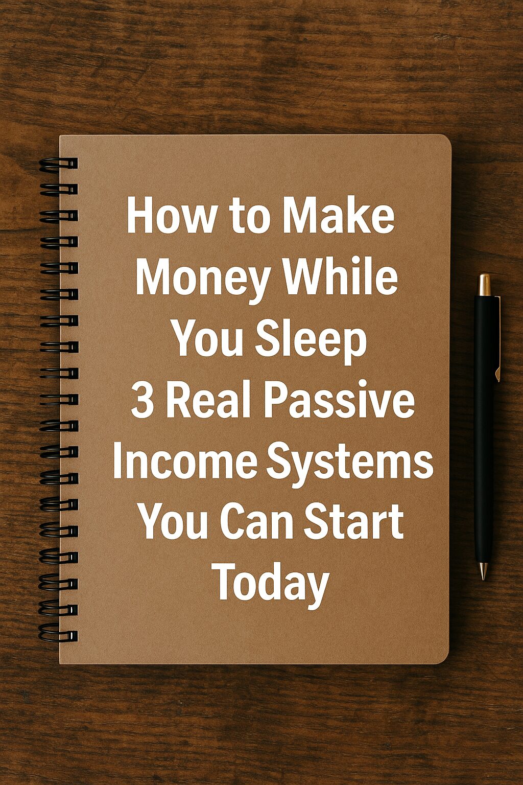 A kraft notebook on a wooden surface with a pen beside it. The text on the notebook reads “How to Make Money While You Sleep: 3 Real Passive Income Systems You Can Start Today.”