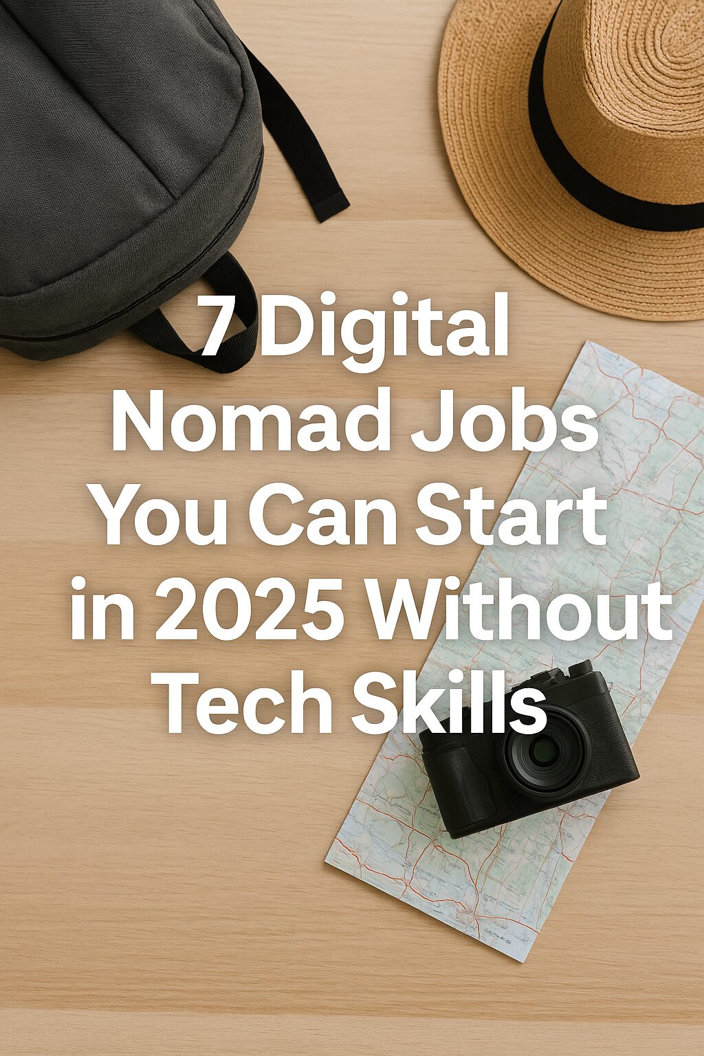 A clean flat lay of essential digital nomad items like a backpack, map, camera, and hat — representing simple and realistic remote jobs for 2025 beginners.