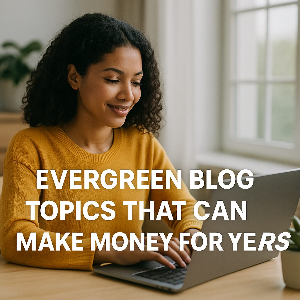 A young professional woman writing in a notebook labeled “Evergreen Blog Topics That Can Make Money for Years,” sitting at a wooden desk in soft natural light.