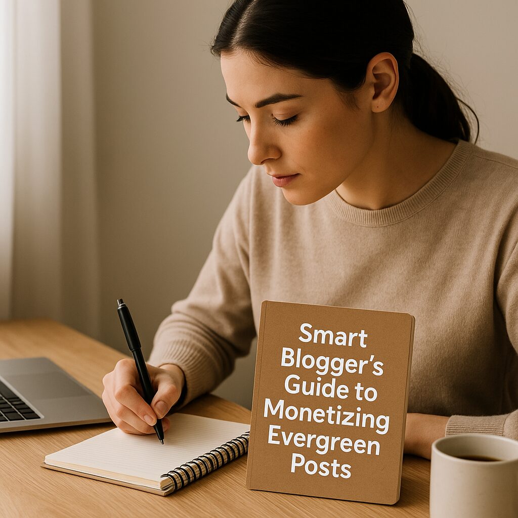 A young woman with a calm expression sits at a minimal desk with a journal titled “Smart Blogger’s Guide to Monetizing Evergreen Posts.” The environment is soft-lit and focused, suggesting strategy and blogging.