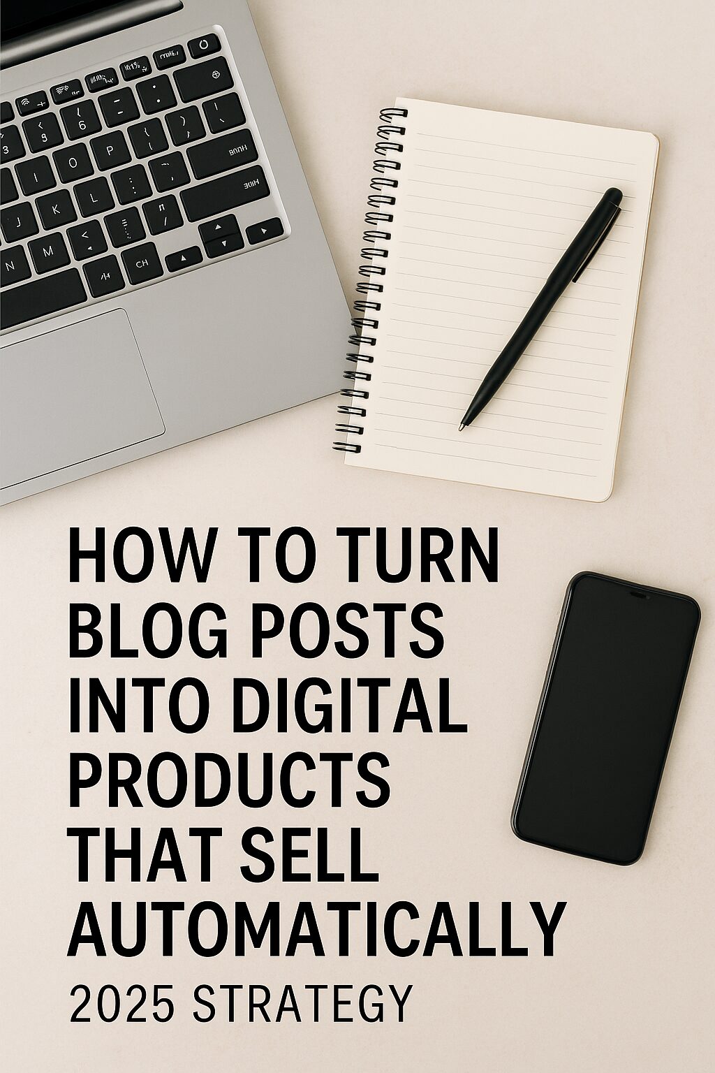 A flat lay of a workspace with a laptop, pen, notepad, and smartphone, showing a clean setup for creating and selling digital products from blog content.