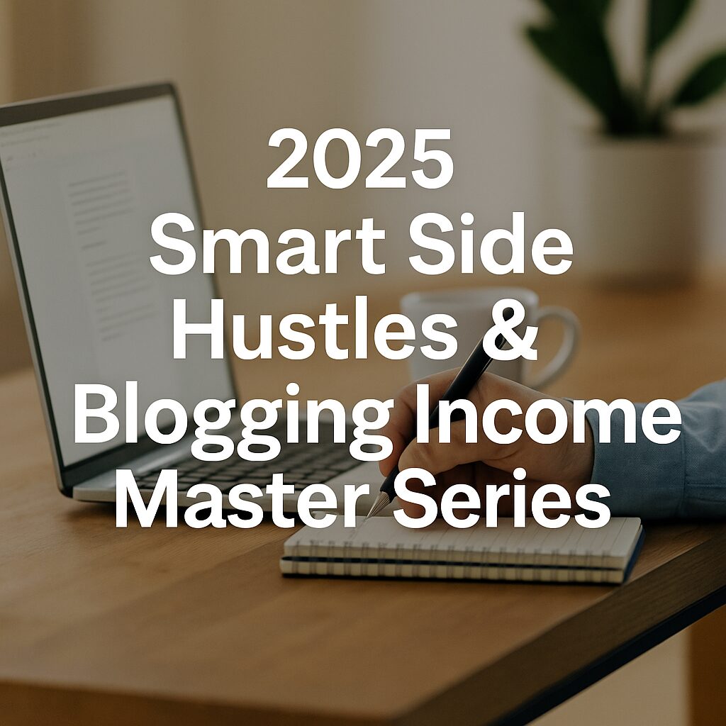 A high-resolution promotional image featuring a desk with a notebook, laptop, and coffee cup. Text overlay reads “Smart Side Hustles & Blogging Income Series.” Clean and modern atmosphere reflects clarity and strategy.