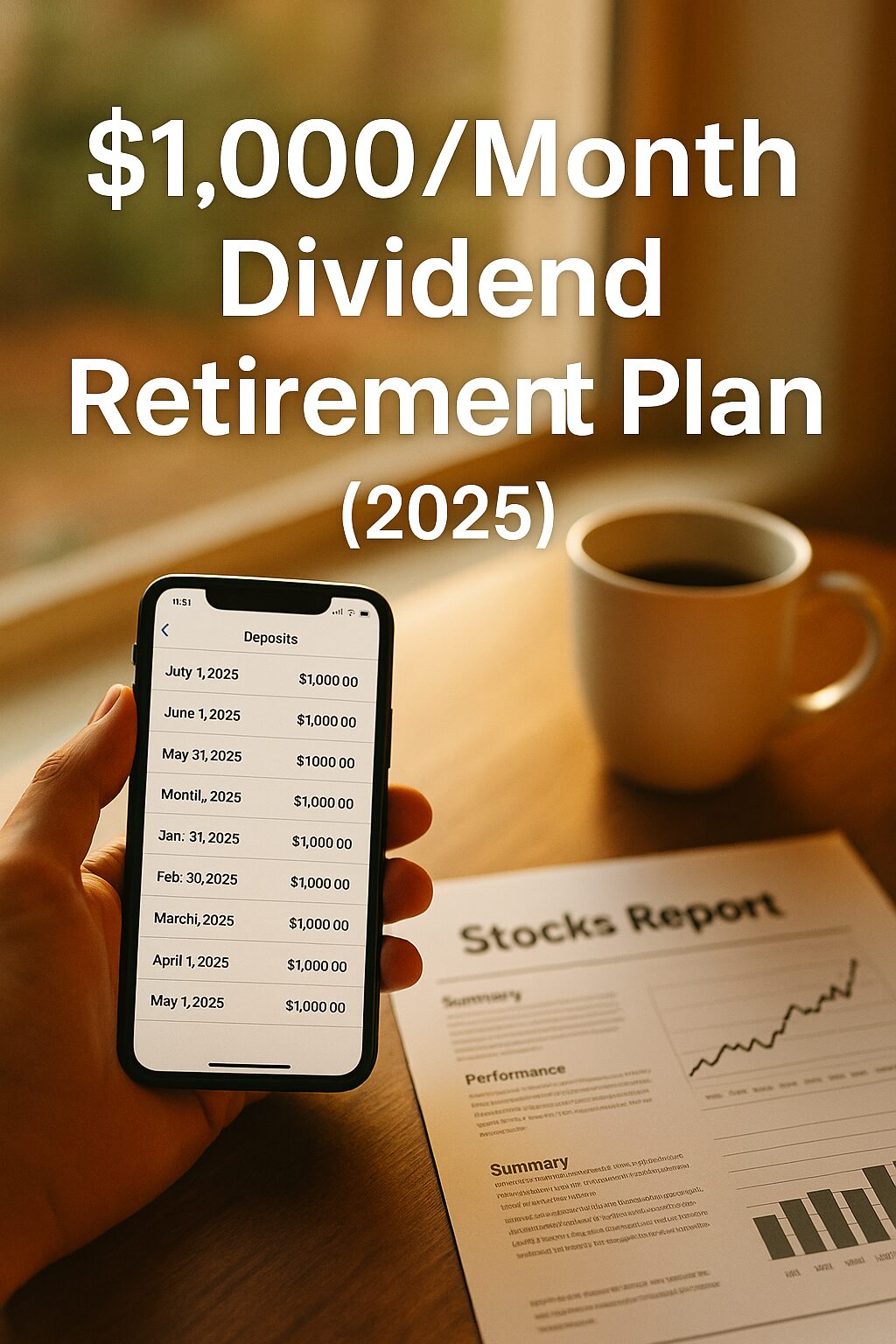 A hand holding a smartphone showing $1,000 monthly dividend deposits, with a coffee mug and stock report on a table in warm sunlight.