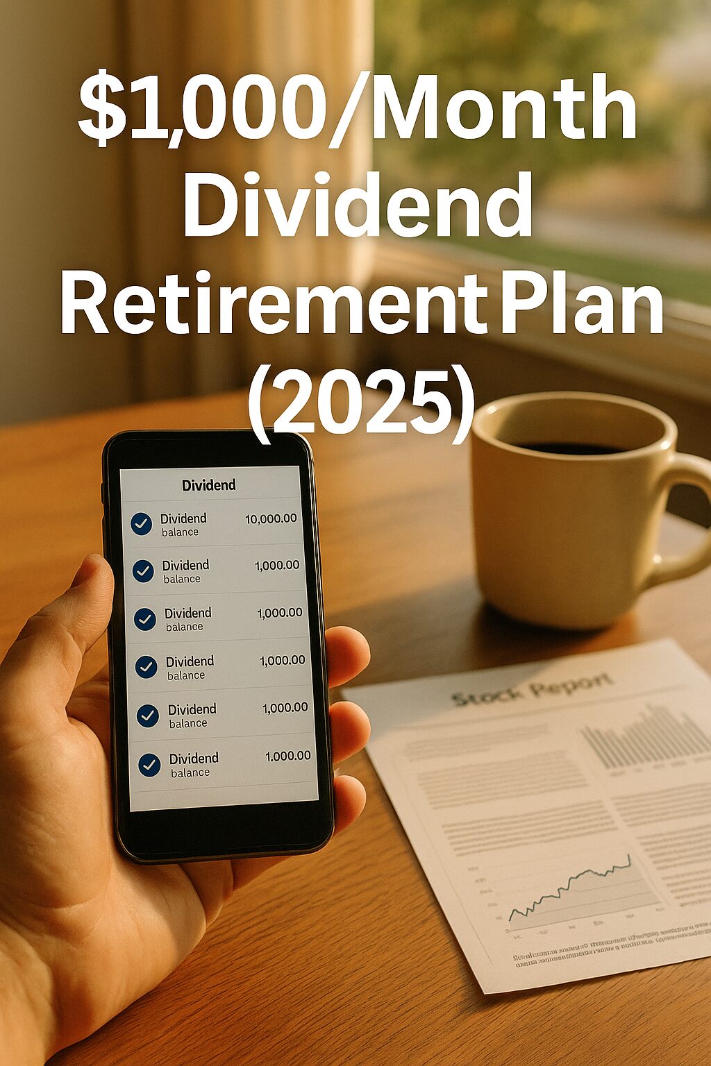 A smartphone displaying consistent $1,000 dividend deposits on a wooden table, with a stock report and coffee mug nearby, representing monthly dividend investing in 2025.