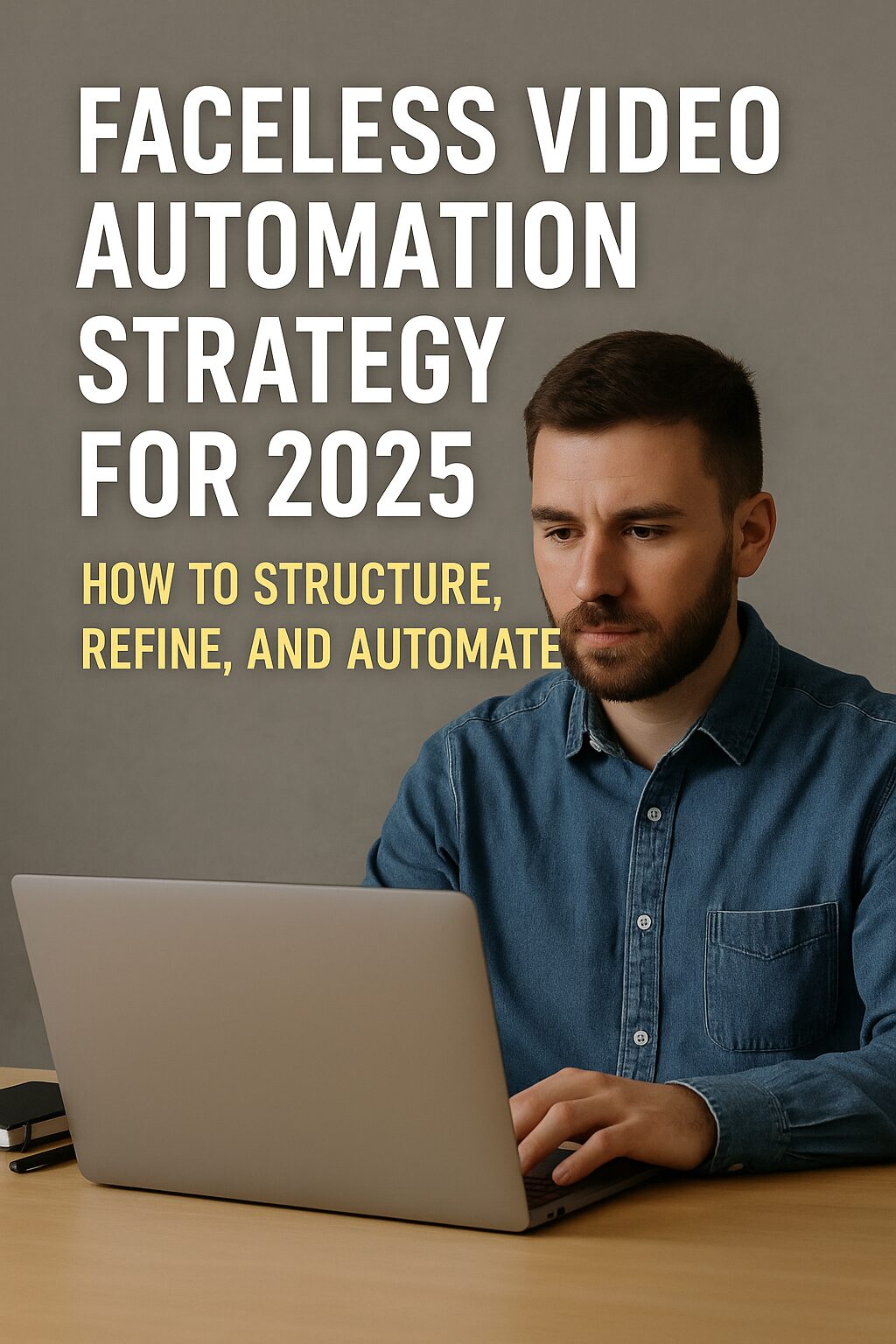 A man sitting at a desk using a laptop, illustrating the concept of faceless video automation in 2025, with the title text overlaid on the image.