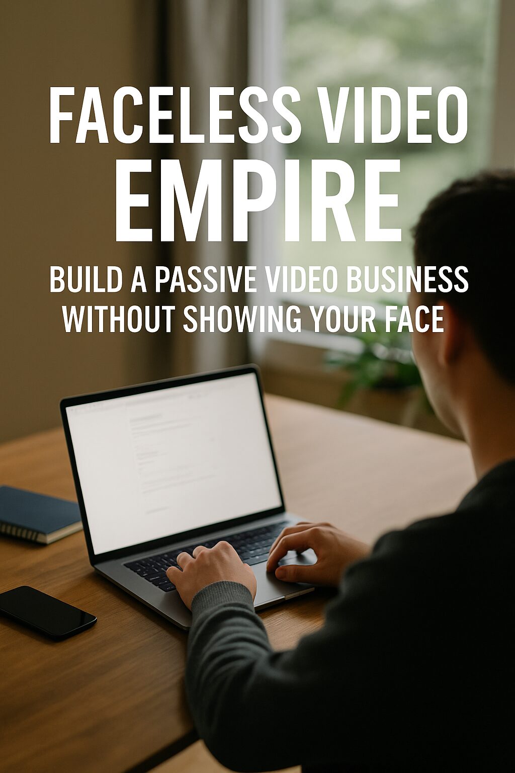 A person working at a wooden desk on a laptop, building a faceless video business from home, surrounded by soft daylight and nature outside the window.
