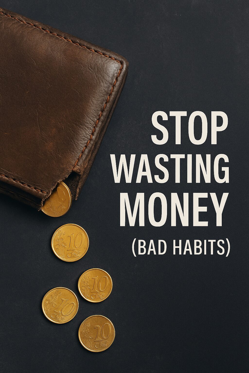 A worn leather wallet leaking golden coins onto a dark surface, with the text ‘STOP WASTING MONEY (BAD HABITS)’ beside it.