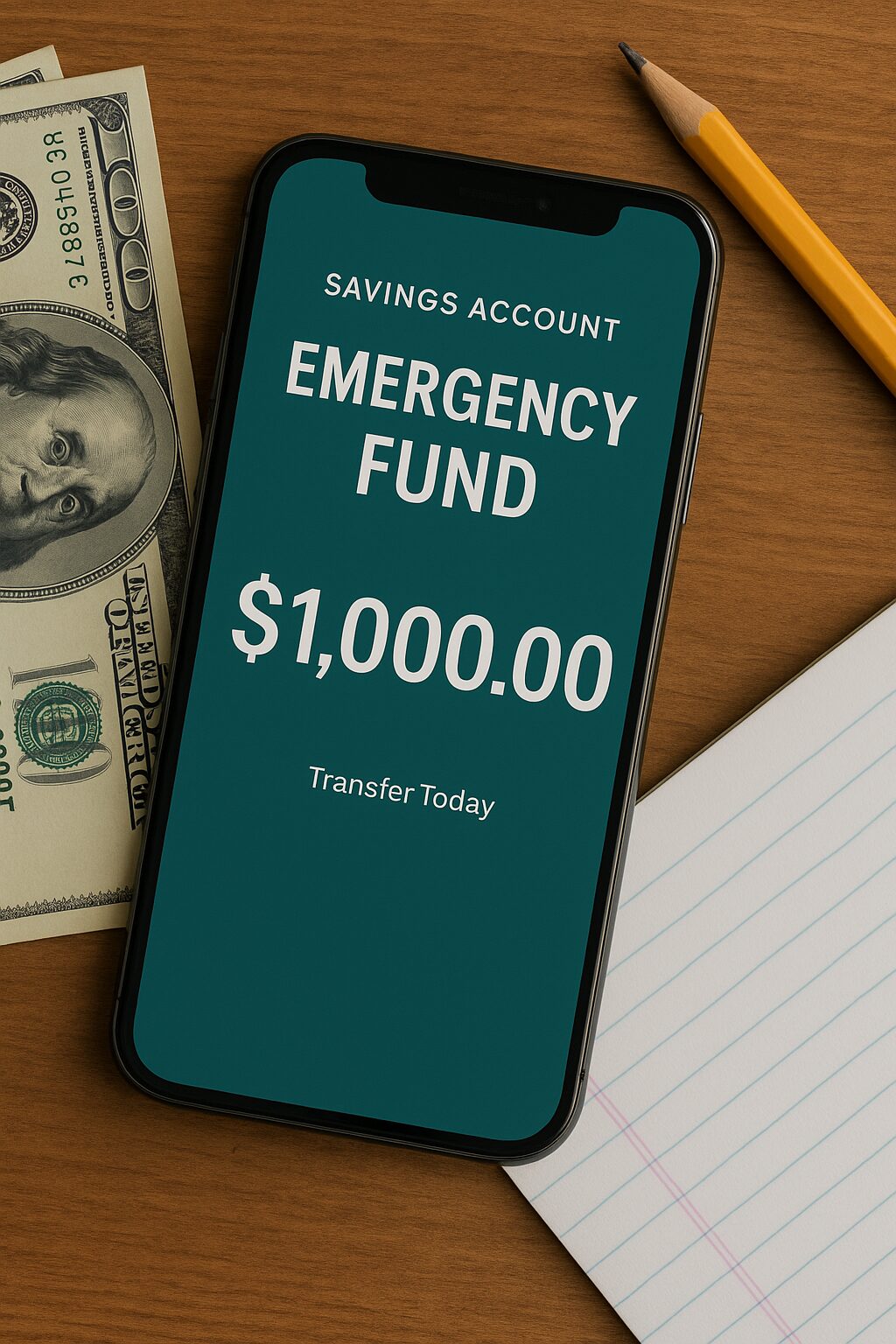 A smartphone screen displaying an emergency fund balance of $1,000, placed on a wooden desk beside a pencil, cash, and a notepad — symbolizing practical financial planning.