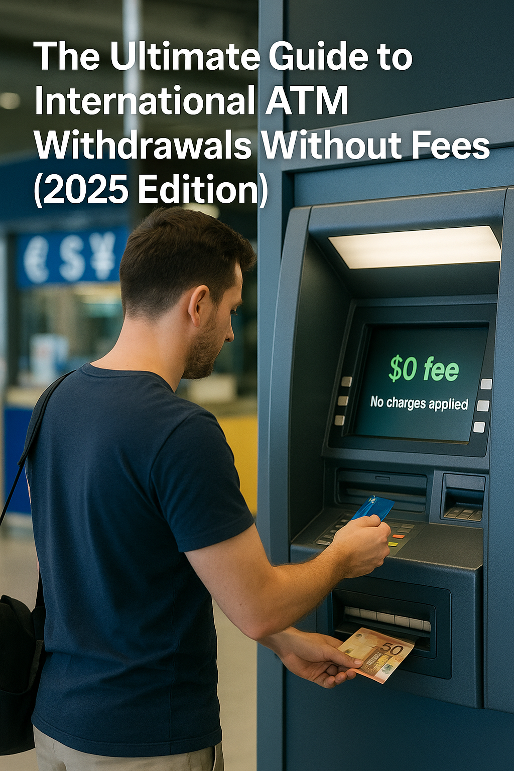 Traveler using a global ATM with no withdrawal fee notice displayed